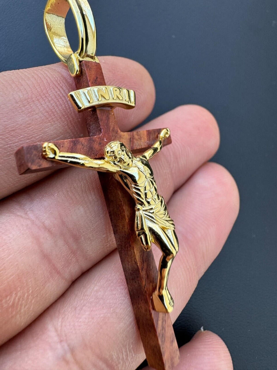 Red Cherry Walnut Wood PlainJesus Cross Pendant | 14k Gold Vermeil Or 925 Silver