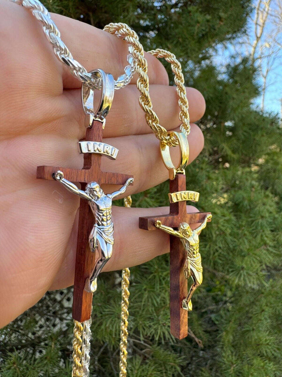 Red Cherry Walnut Wood PlainJesus Cross Pendant | 14k Gold Vermeil Or 925 Silver