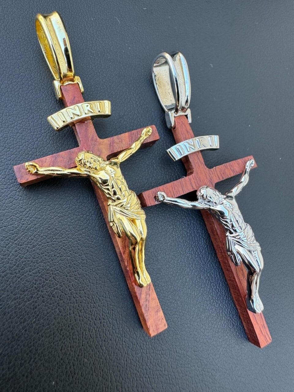 Red Cherry Walnut Wood PlainJesus Cross Pendant | 14k Gold Vermeil Or 925 Silver