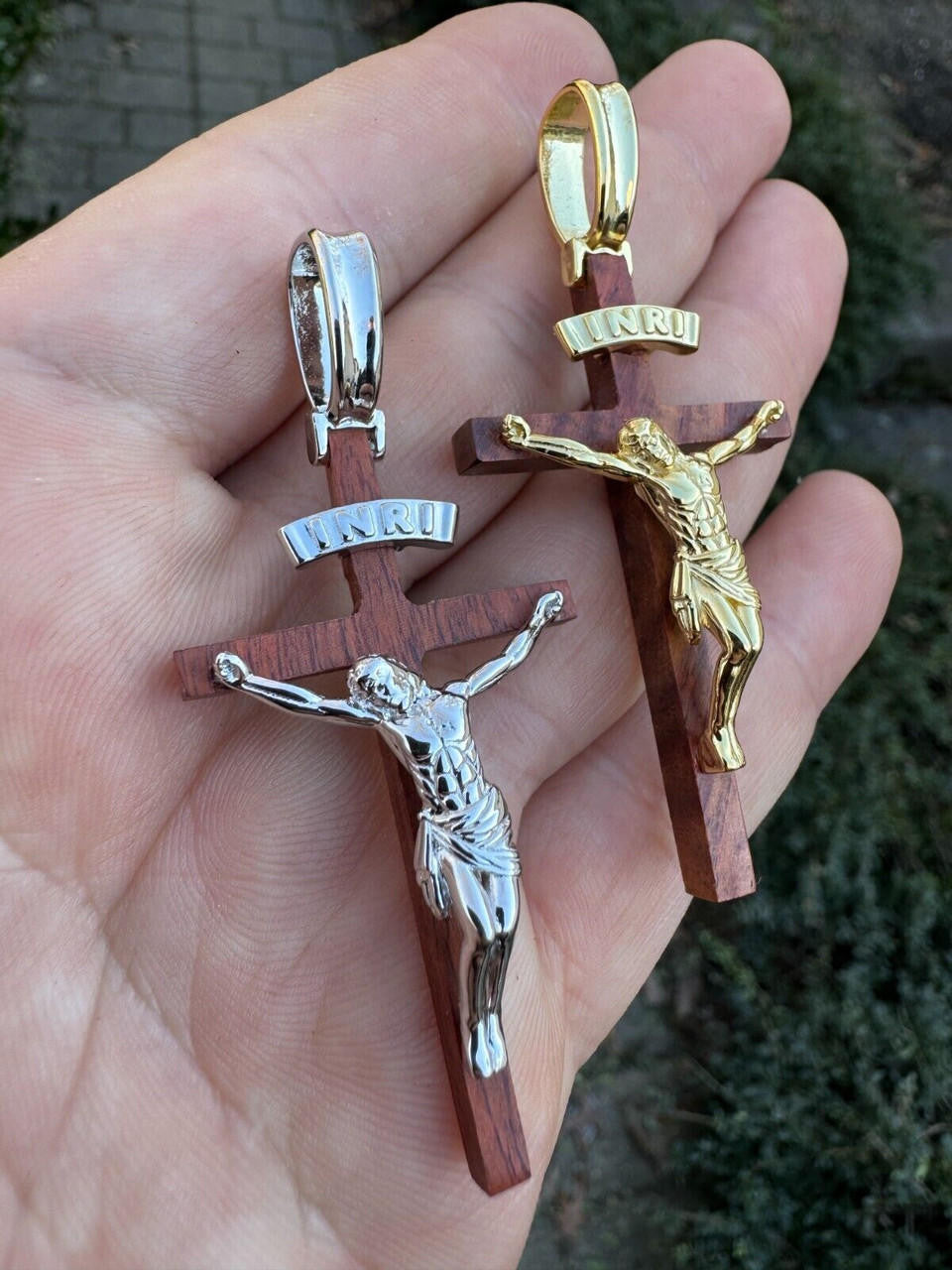 Red Cherry Walnut Wood PlainJesus Cross Pendant | 14k Gold Vermeil Or 925 Silver