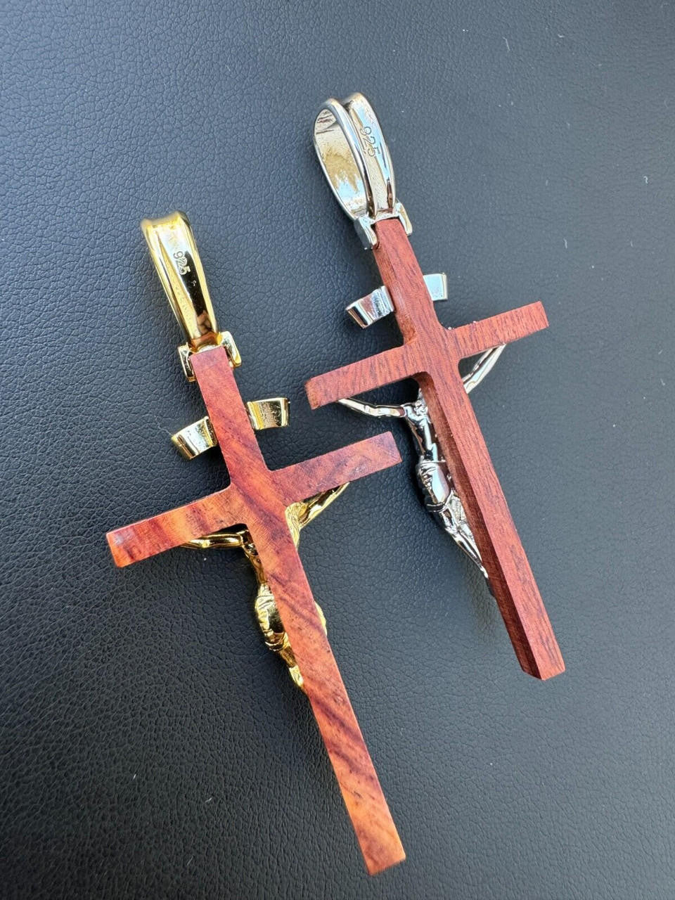 Red Cherry Walnut Wood PlainJesus Cross Pendant | 14k Gold Vermeil Or 925 Silver