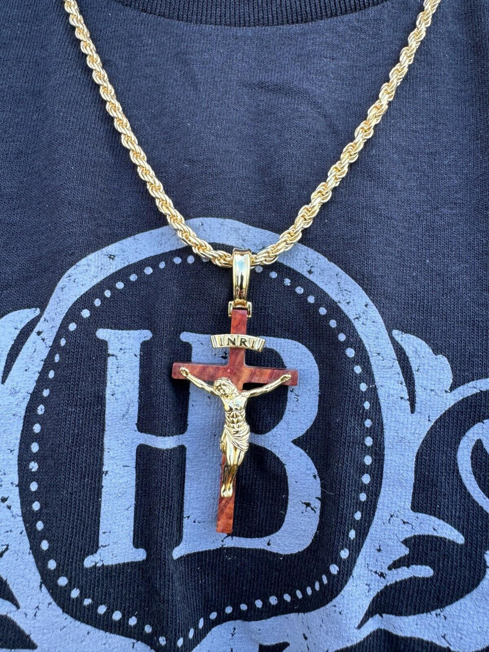 Red Cherry Walnut Wood PlainJesus Cross Pendant | 14k Gold Vermeil Or 925 Silver