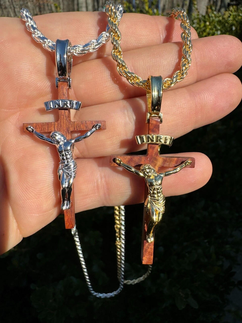 Red Cherry Walnut Wood PlainJesus Cross Pendant | 14k Gold Vermeil Or 925 Silver