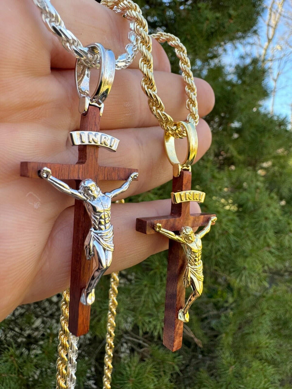 Red Cherry Walnut Wood PlainJesus Cross Pendant | 14k Gold Vermeil Or 925 Silver