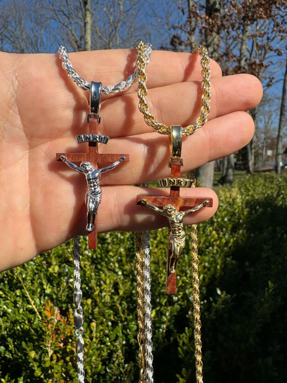 Red Cherry Walnut Wood PlainJesus Cross Pendant | 14k Gold Vermeil Or 925 Silver