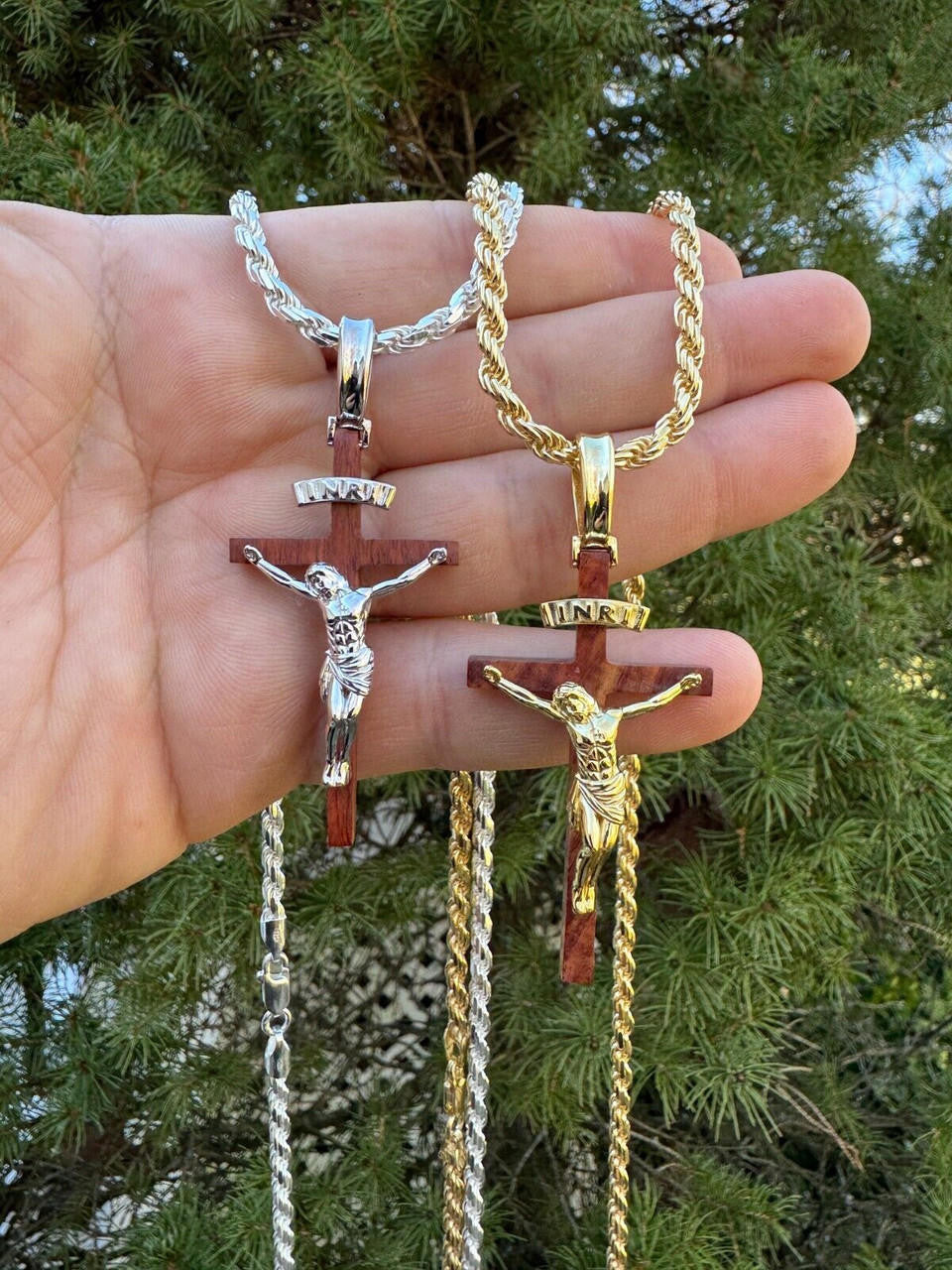 Red Cherry Walnut Wood PlainJesus Cross Pendant | 14k Gold Vermeil Or 925 Silver