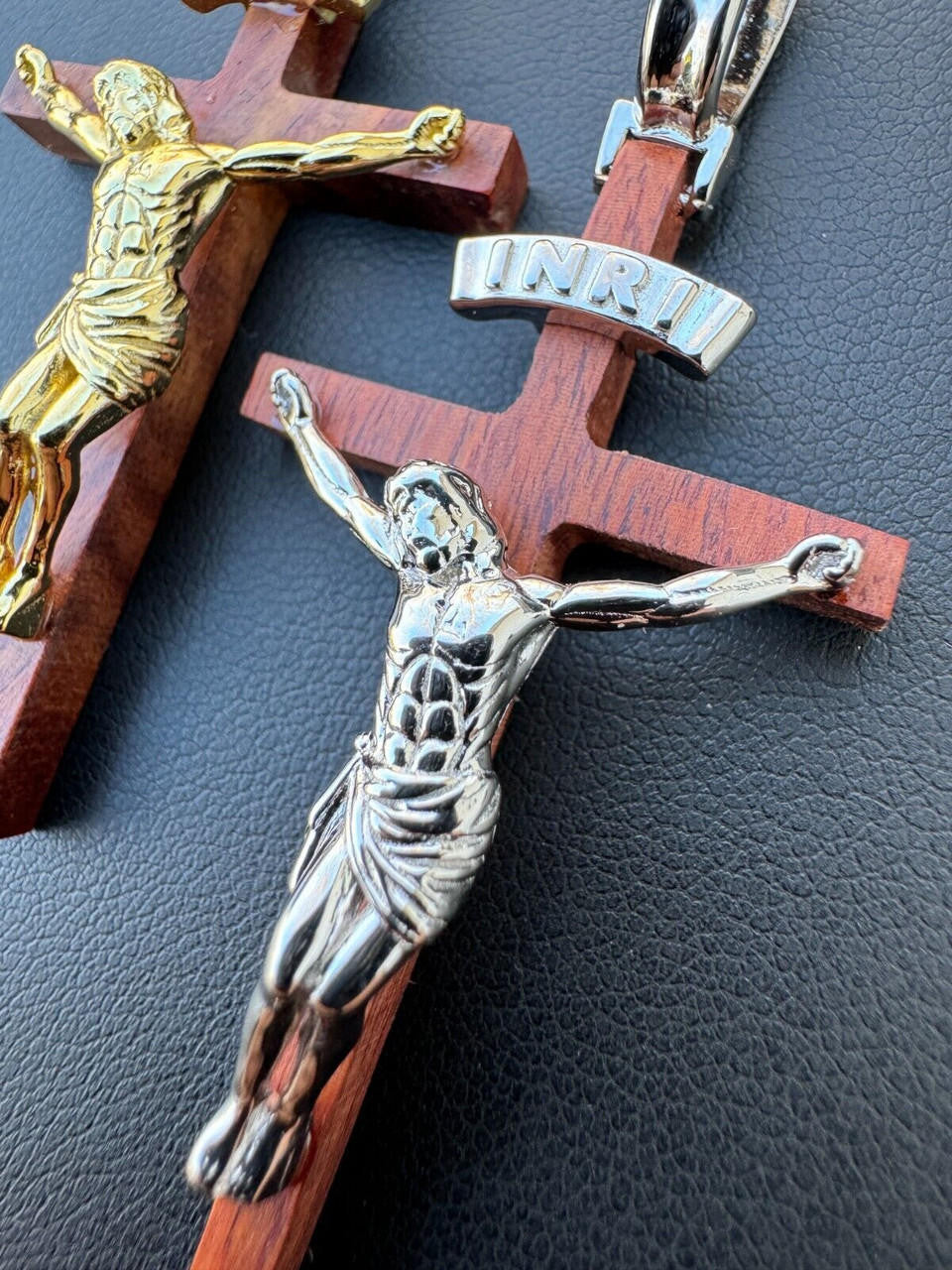 Red Cherry Walnut Wood PlainJesus Cross Pendant | 14k Gold Vermeil Or 925 Silver