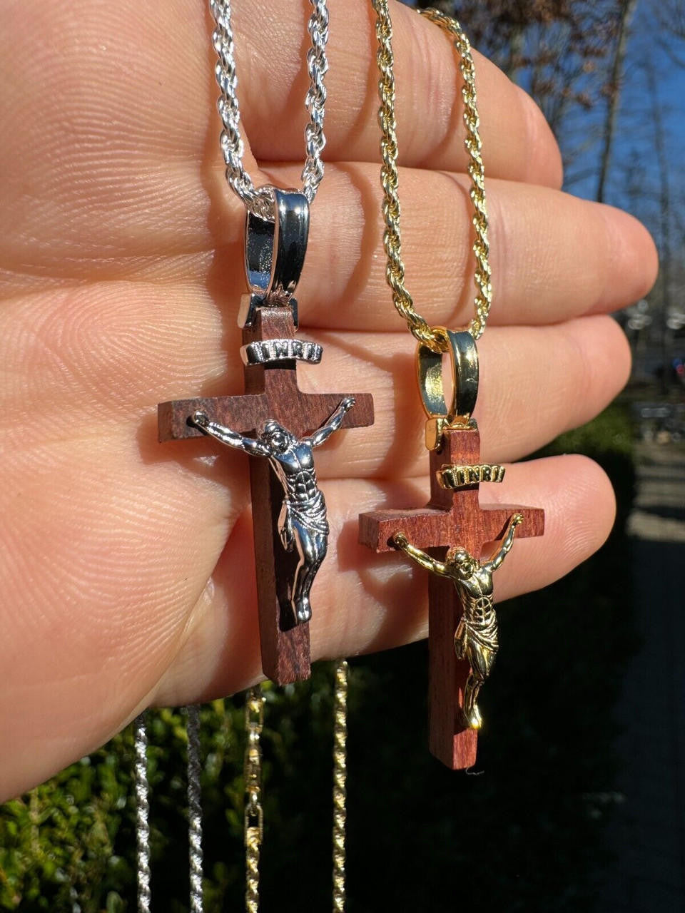Red Cherry Walnut Wood PlainJesus Cross Pendant | 14k Gold Vermeil Or 925 Silver