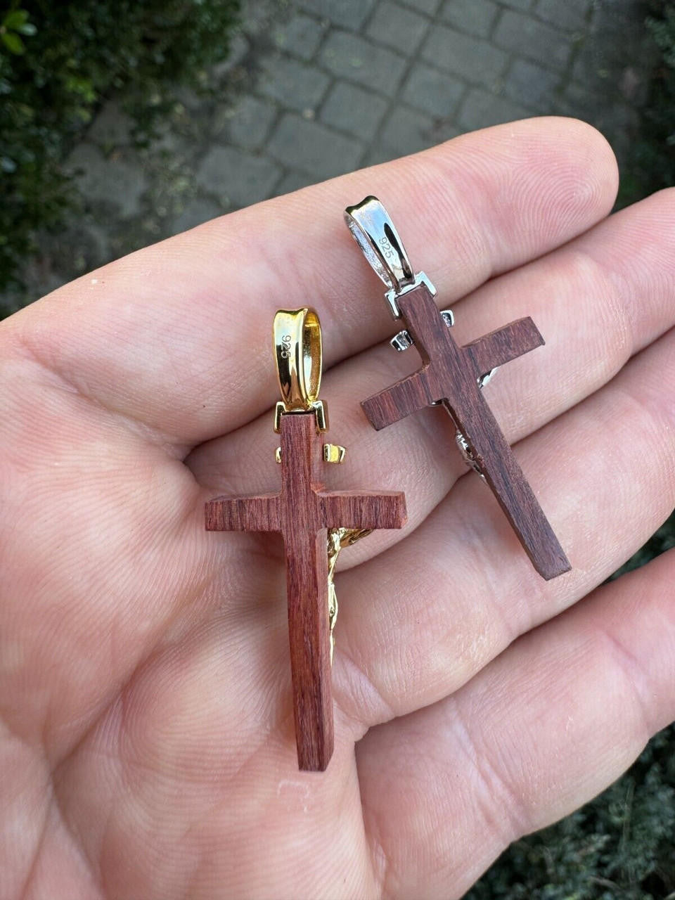 Red Cherry Walnut Wood PlainJesus Cross Pendant | 14k Gold Vermeil Or 925 Silver