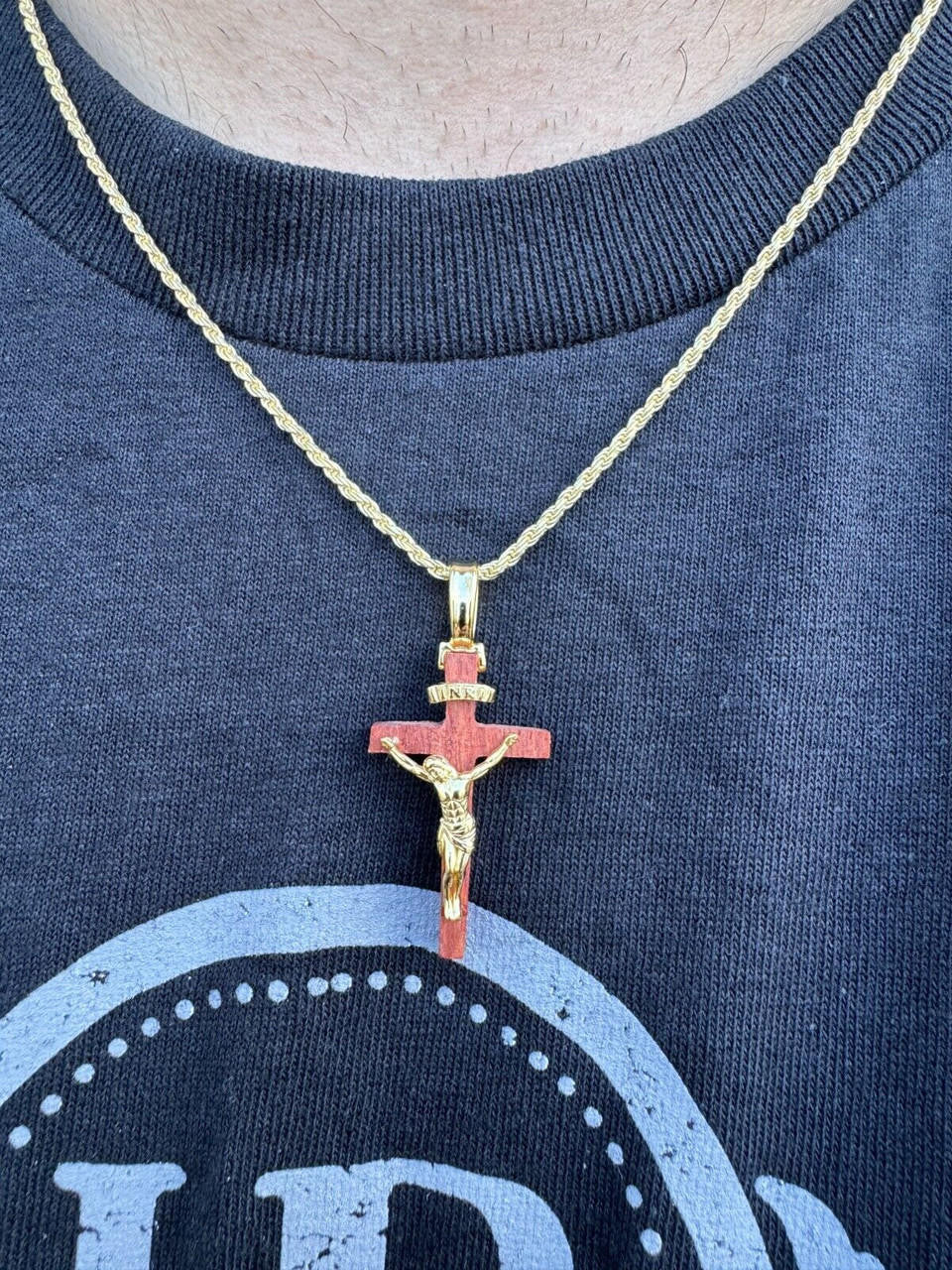 Red Cherry Walnut Wood PlainJesus Cross Pendant | 14k Gold Vermeil Or 925 Silver