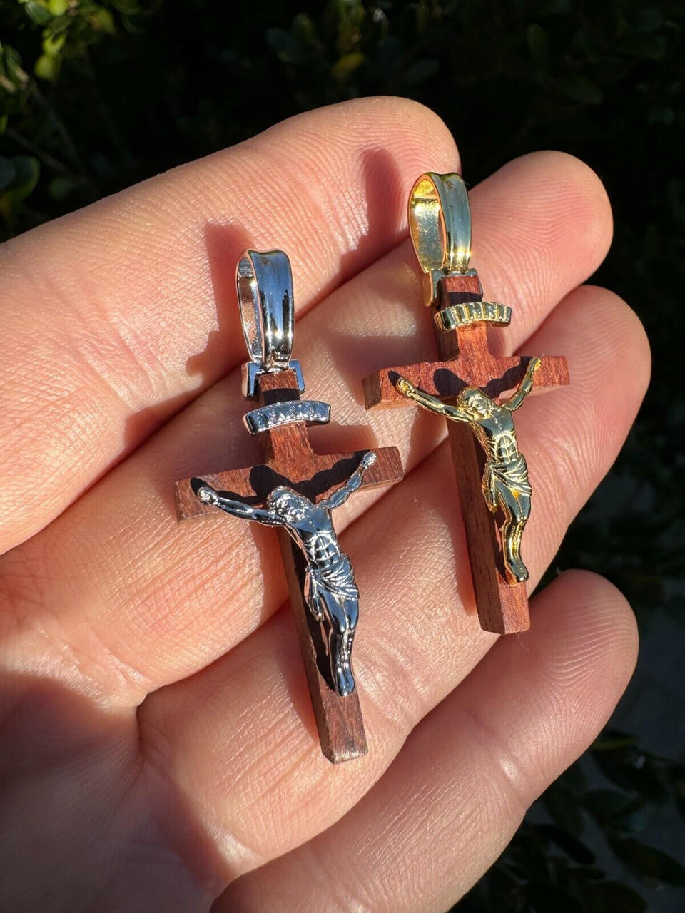 Red Cherry Walnut Wood PlainJesus Cross Pendant | 14k Gold Vermeil Or 925 Silver