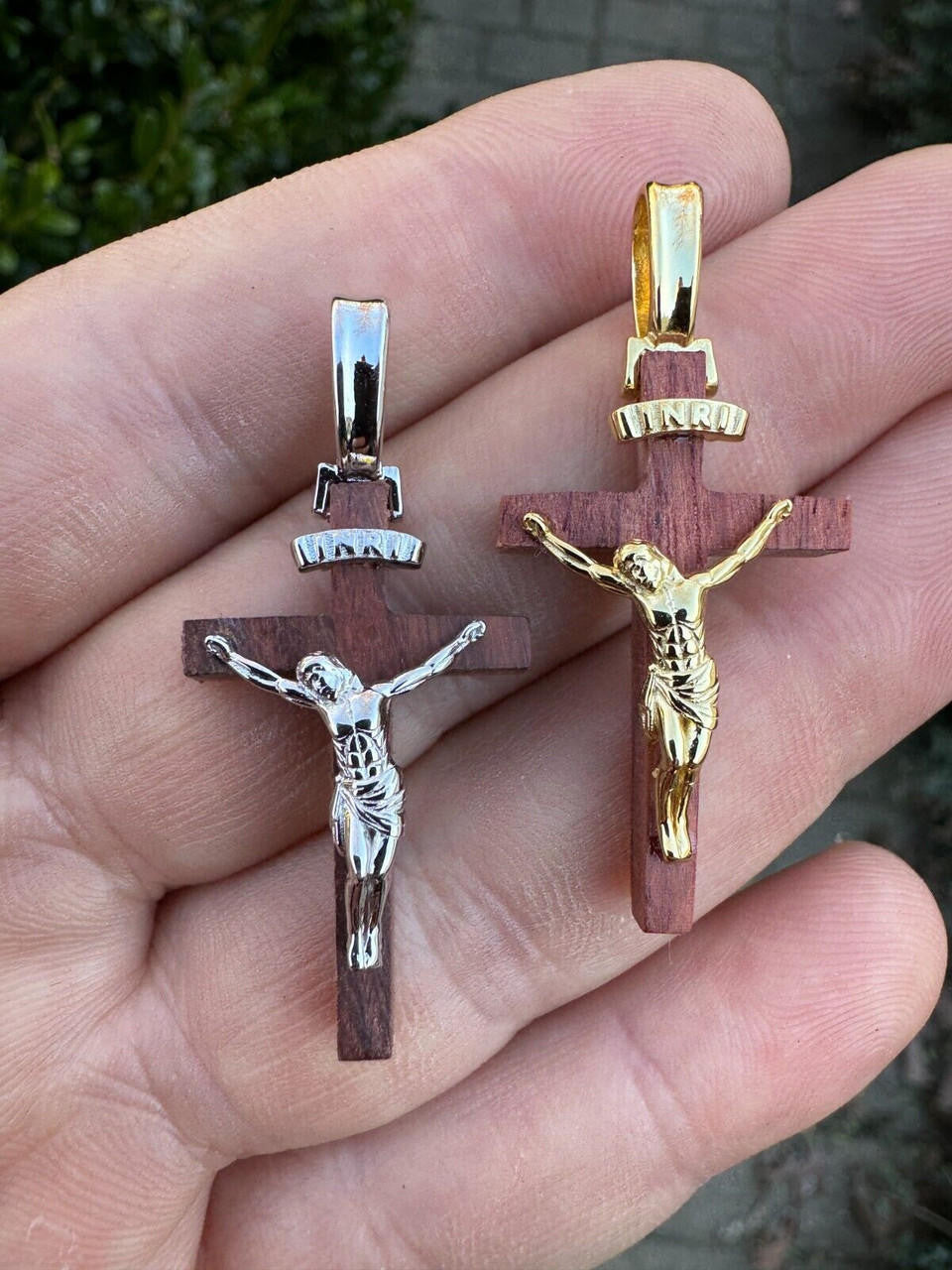 Red Cherry Walnut Wood PlainJesus Cross Pendant | 14k Gold Vermeil Or 925 Silver