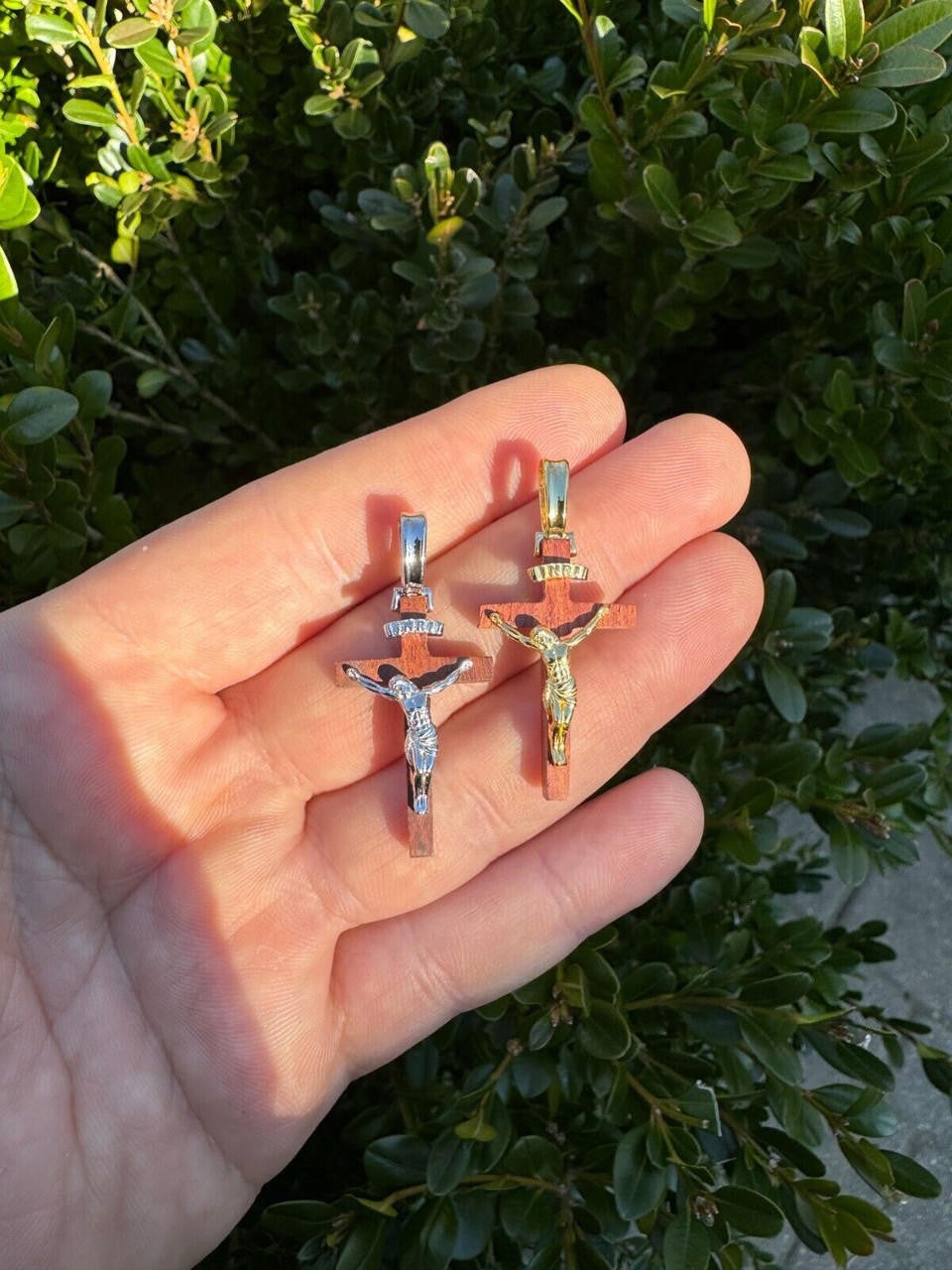Red Cherry Walnut Wood PlainJesus Cross Pendant | 14k Gold Vermeil Or 925 Silver