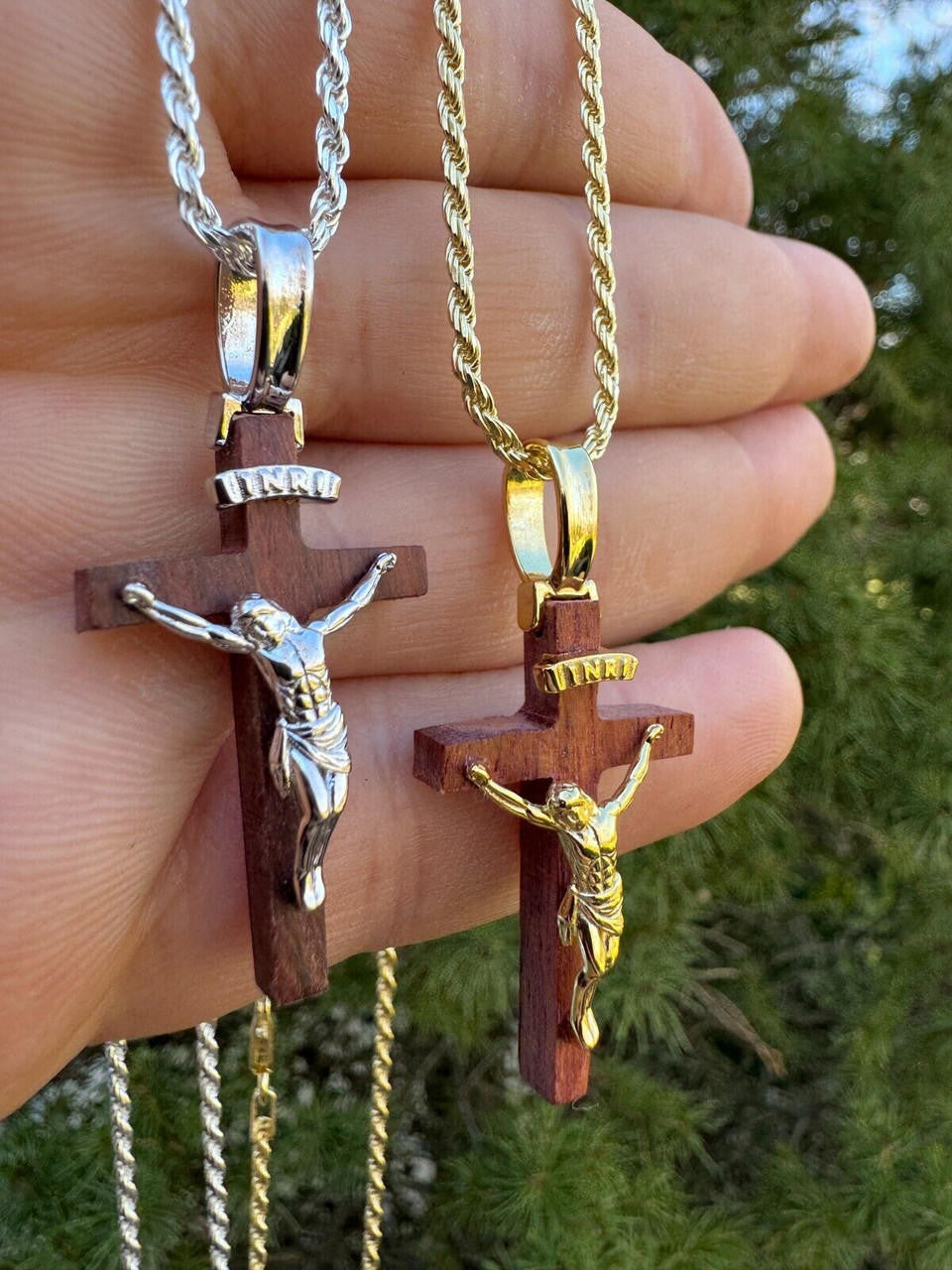 Red Cherry Walnut Wood PlainJesus Cross Pendant | 14k Gold Vermeil Or 925 Silver