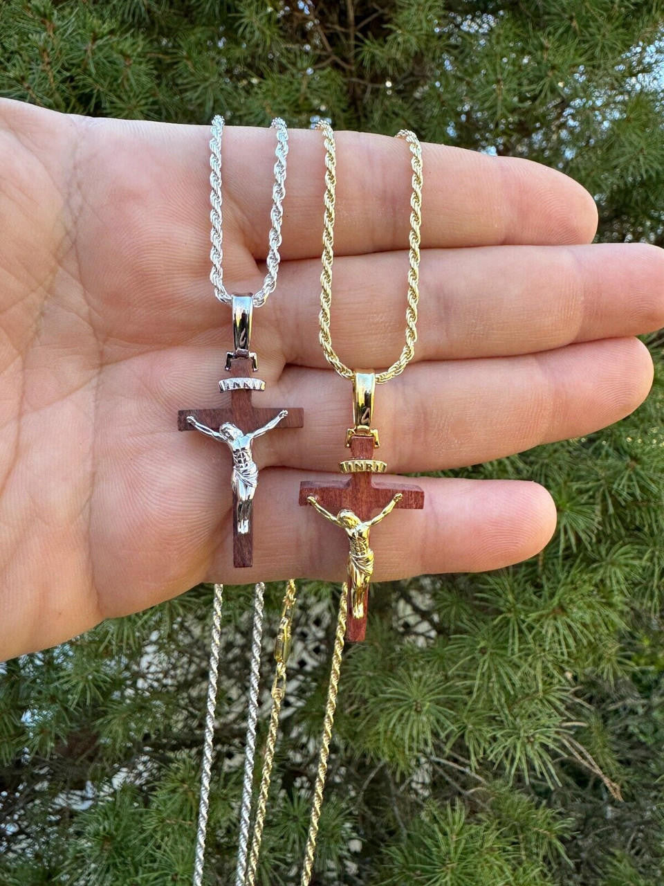 Red Cherry Walnut Wood PlainJesus Cross Pendant | 14k Gold Vermeil Or 925 Silver