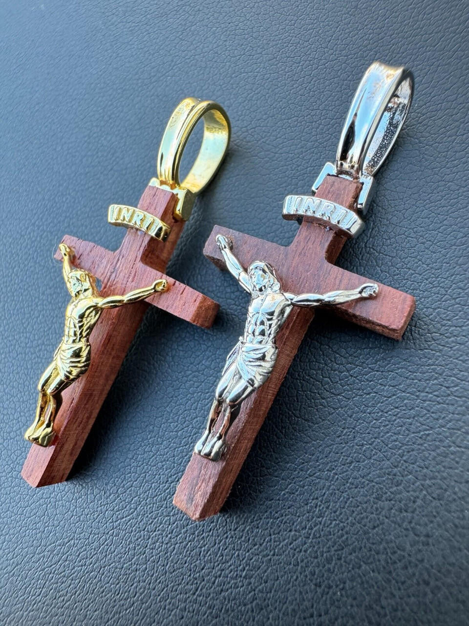 Red Cherry Walnut Wood PlainJesus Cross Pendant | 14k Gold Vermeil Or 925 Silver