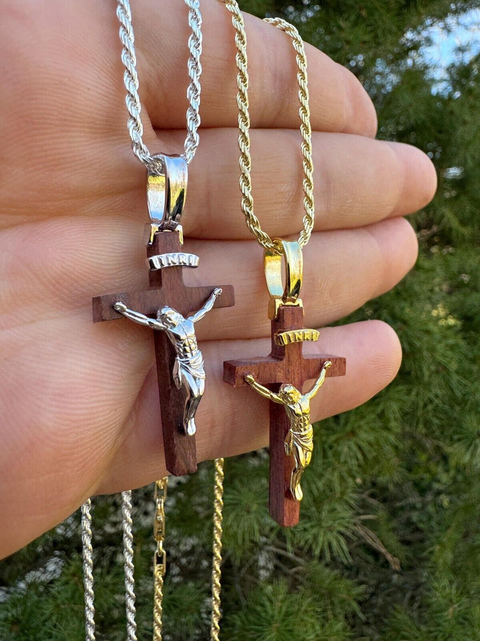 Red Cherry Walnut Wood PlainJesus Cross Pendant | 14k Gold Vermeil Or 925 Silver
