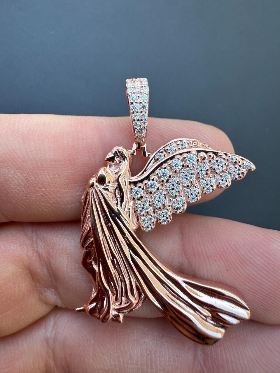 Moissanite Guardian Angel Wing Pendant | 14k Rose Vermeil 925 Silver