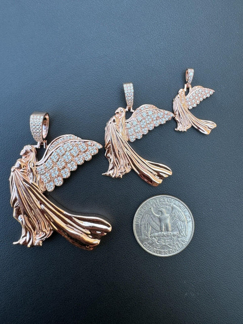Moissanite Guardian Angel Wing Pendant | 14k Rose Vermeil 925 Silver