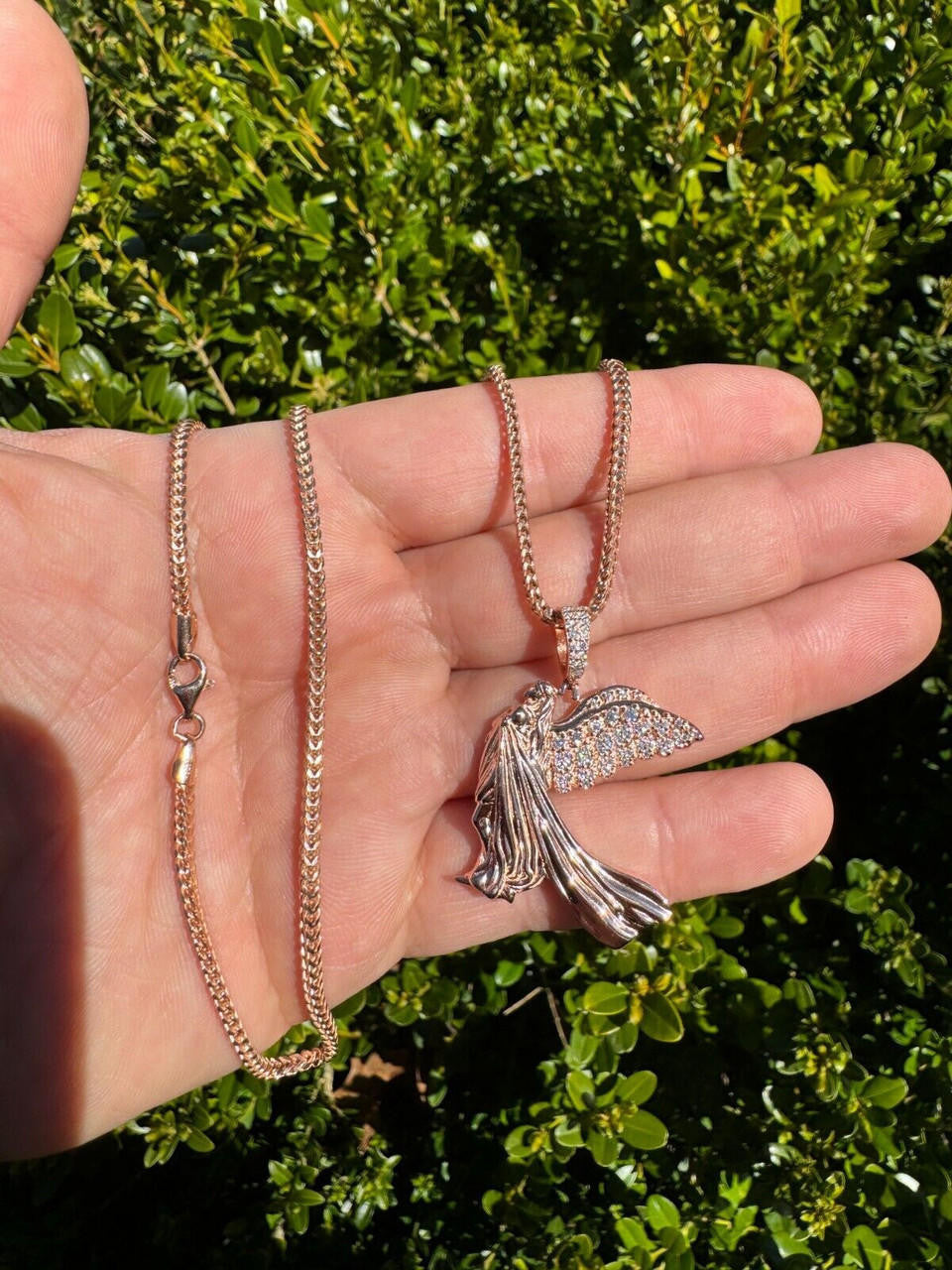 Moissanite Guardian Angel Wing Pendant | 14k Rose Vermeil 925 Silver