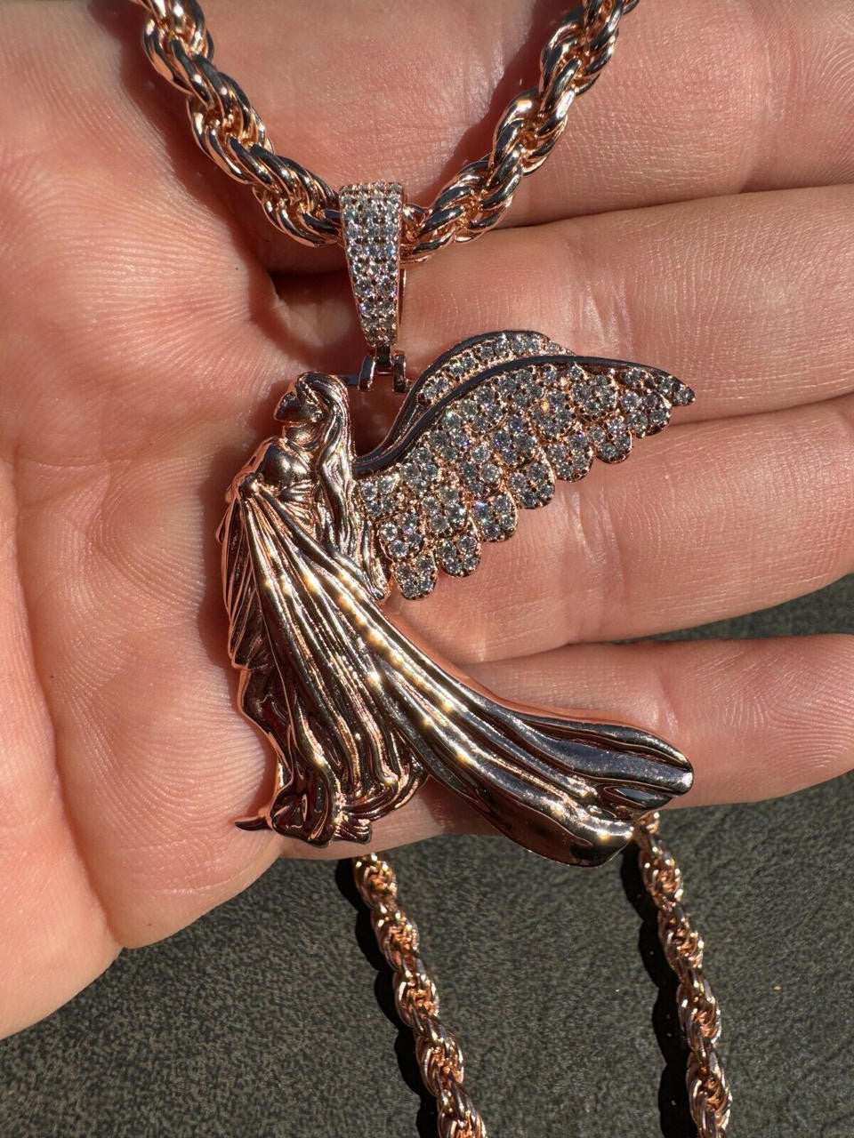 Moissanite Guardian Angel Wing Pendant | 14k Rose Vermeil 925 Silver