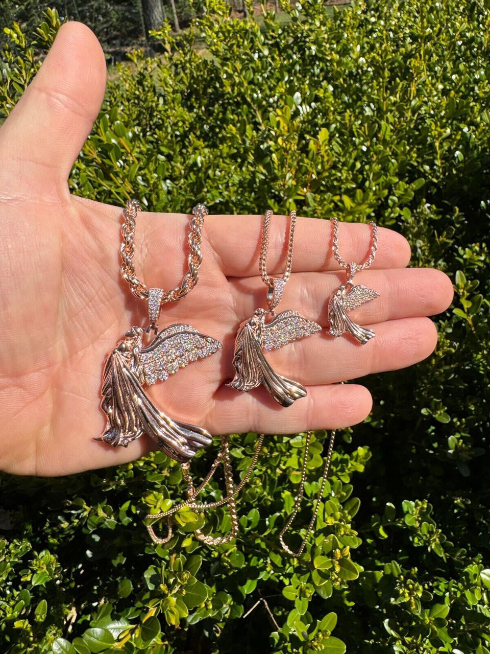 Moissanite Guardian Angel Wing Pendant | 14k Rose Vermeil 925 Silver