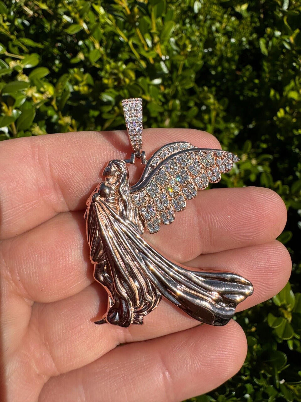 Moissanite Guardian Angel Wing Pendant | 14k Rose Vermeil 925 Silver