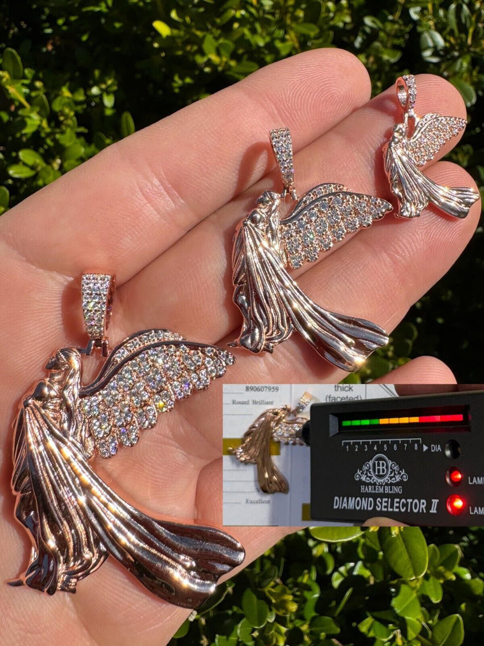 Moissanite Guardian Angel Wing Pendant | 14k Rose Vermeil 925 Silver