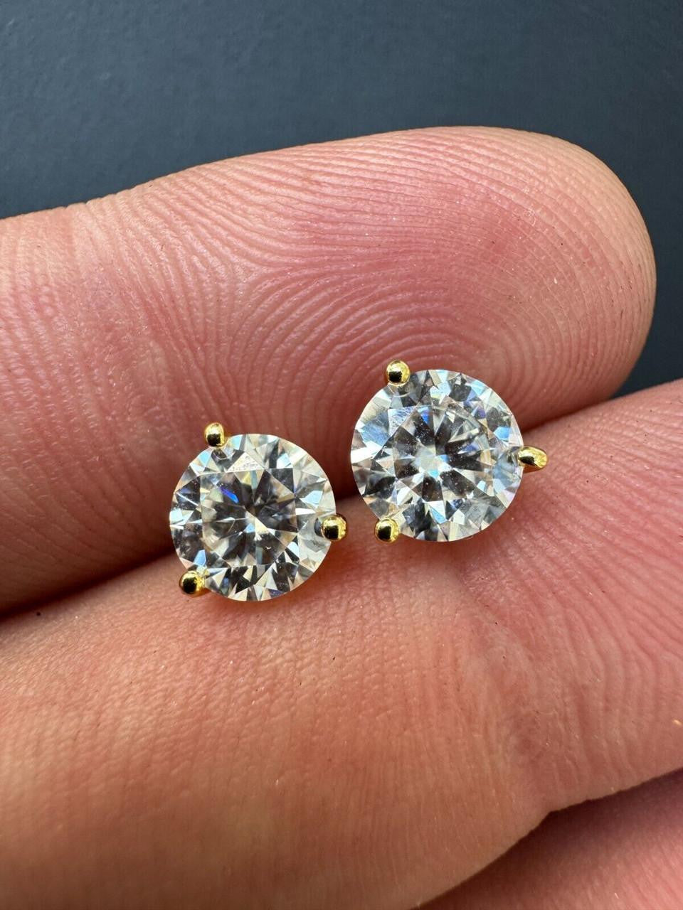 Moissanite Martini 3-Prong Solitaire Stud Earrings | 14k Gold Vermeil 925 Silver
