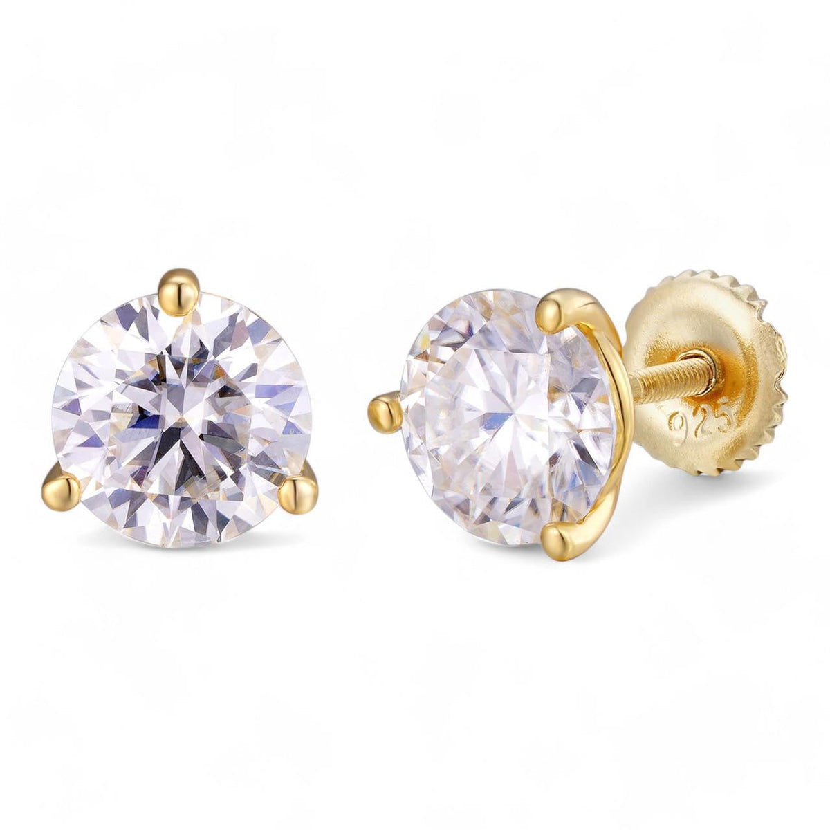 Moissanite Martini 3-Prong Solitaire Stud Earrings | 14k Gold Vermeil 925 Silver