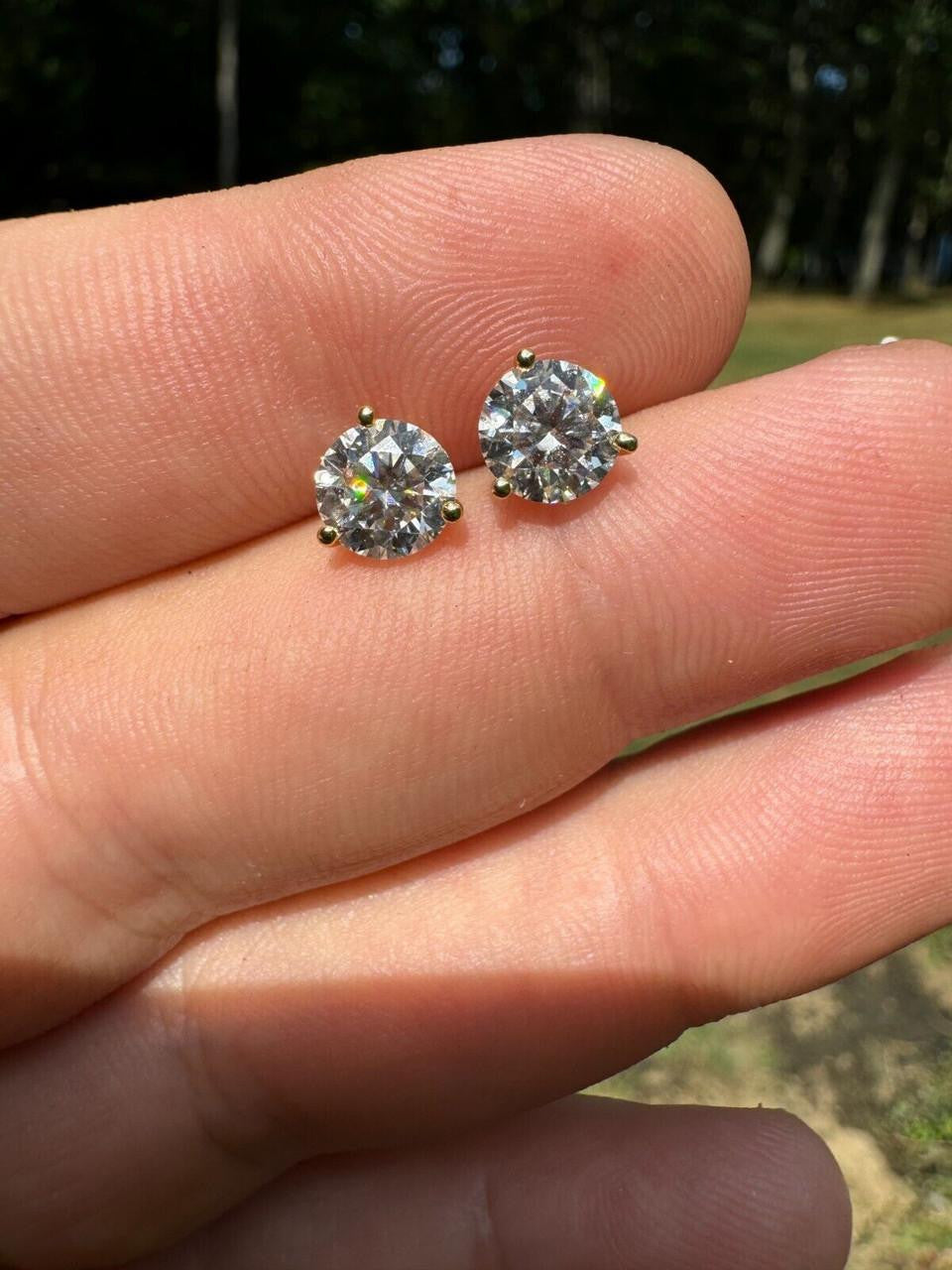 Moissanite Martini 3-Prong Solitaire Stud Earrings | 14k Gold Vermeil 925 Silver