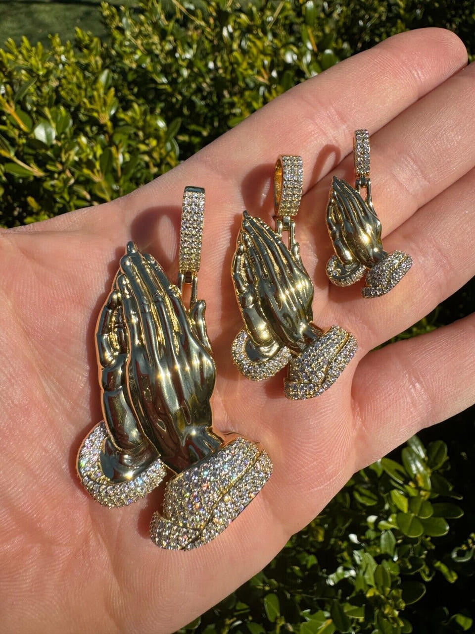 Moissanite Praying Folded Hands Religious Pendant | 14k Gold Vermeil 925 Silver