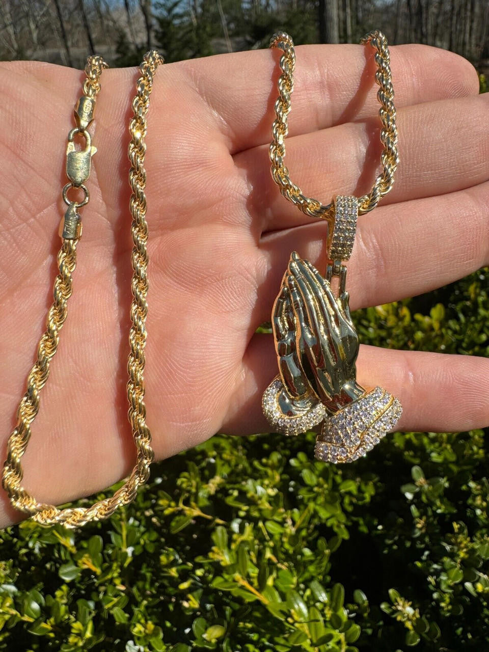 Moissanite Praying Folded Hands Religious Pendant | 14k Gold Vermeil 925 Silver