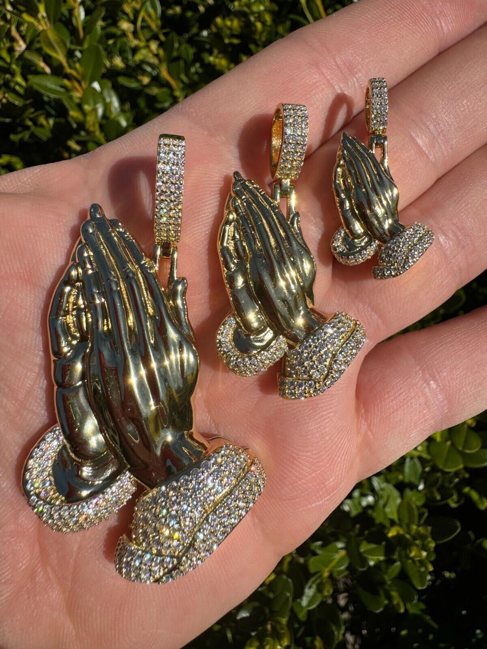 Moissanite Praying Folded Hands Religious Pendant | 14k Gold Vermeil 925 Silver