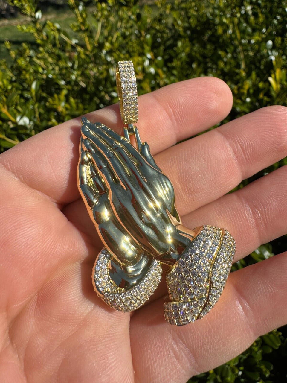 Moissanite Praying Folded Hands Religious Pendant | 14k Gold Vermeil 925 Silver