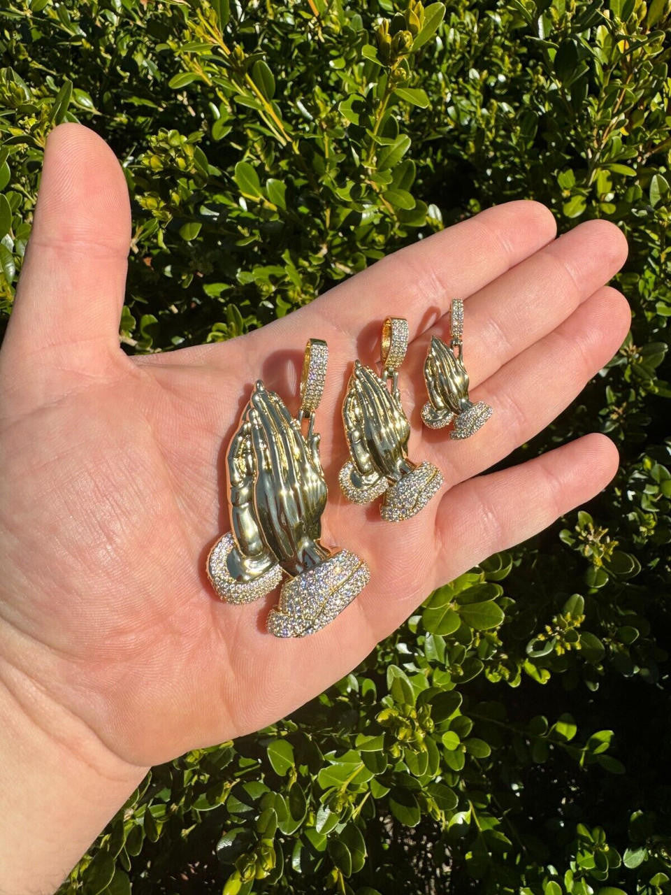 Moissanite Praying Folded Hands Religious Pendant | 14k Gold Vermeil 925 Silver