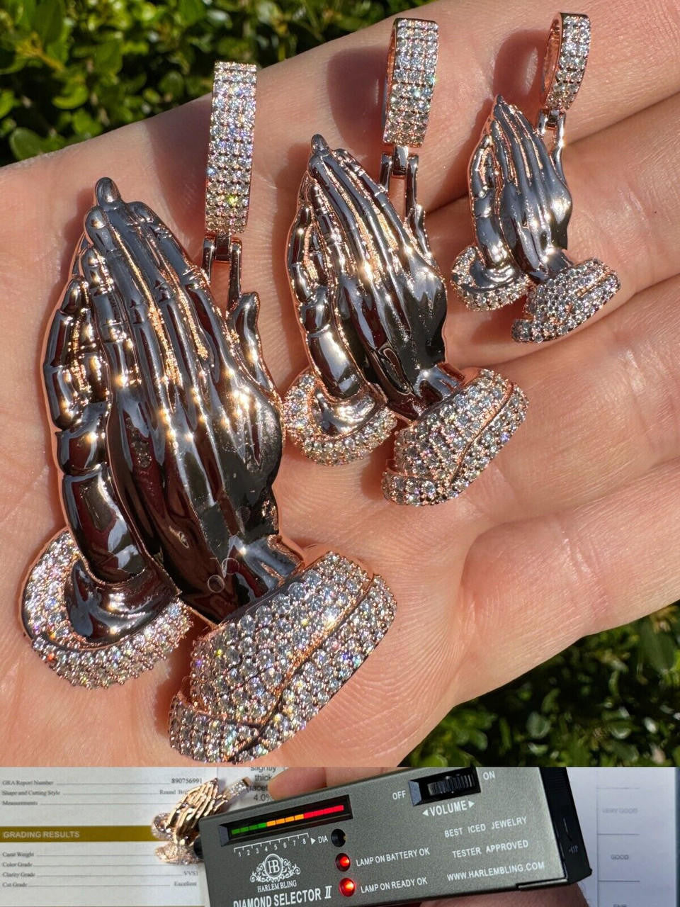 Moissanite Praying Folded Hands Religious Pendant | 14k Rose Gold Vermeil 925 Silver