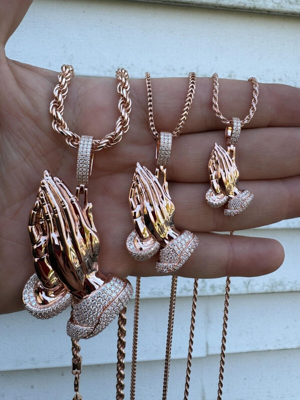 Moissanite Praying Folded Hands Religious Pendant | 14k Rose Gold Vermeil 925 Silver