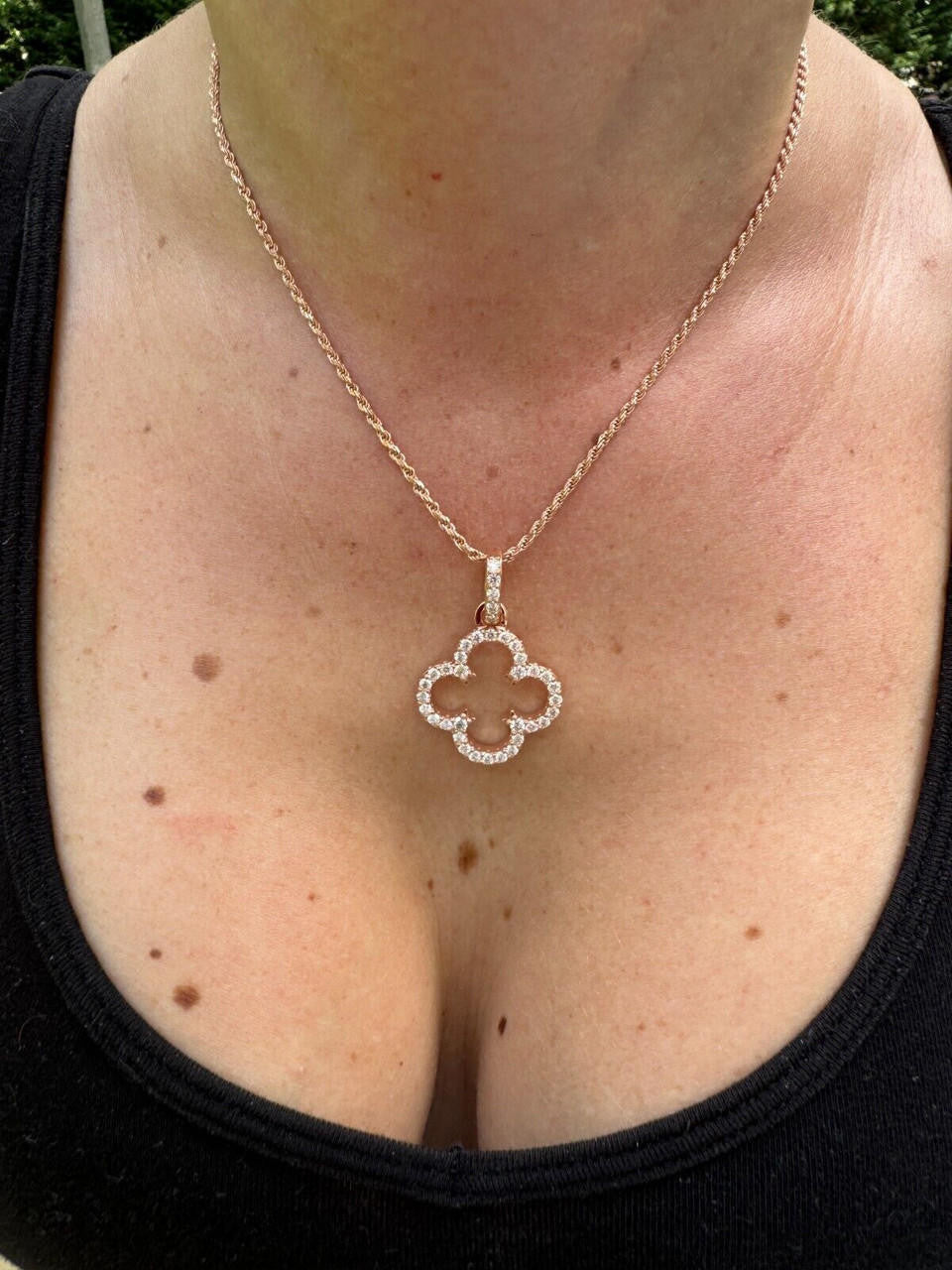 Moissanite Open Clover Flower Pendant | 14k Rose Vermeil 925 Silver