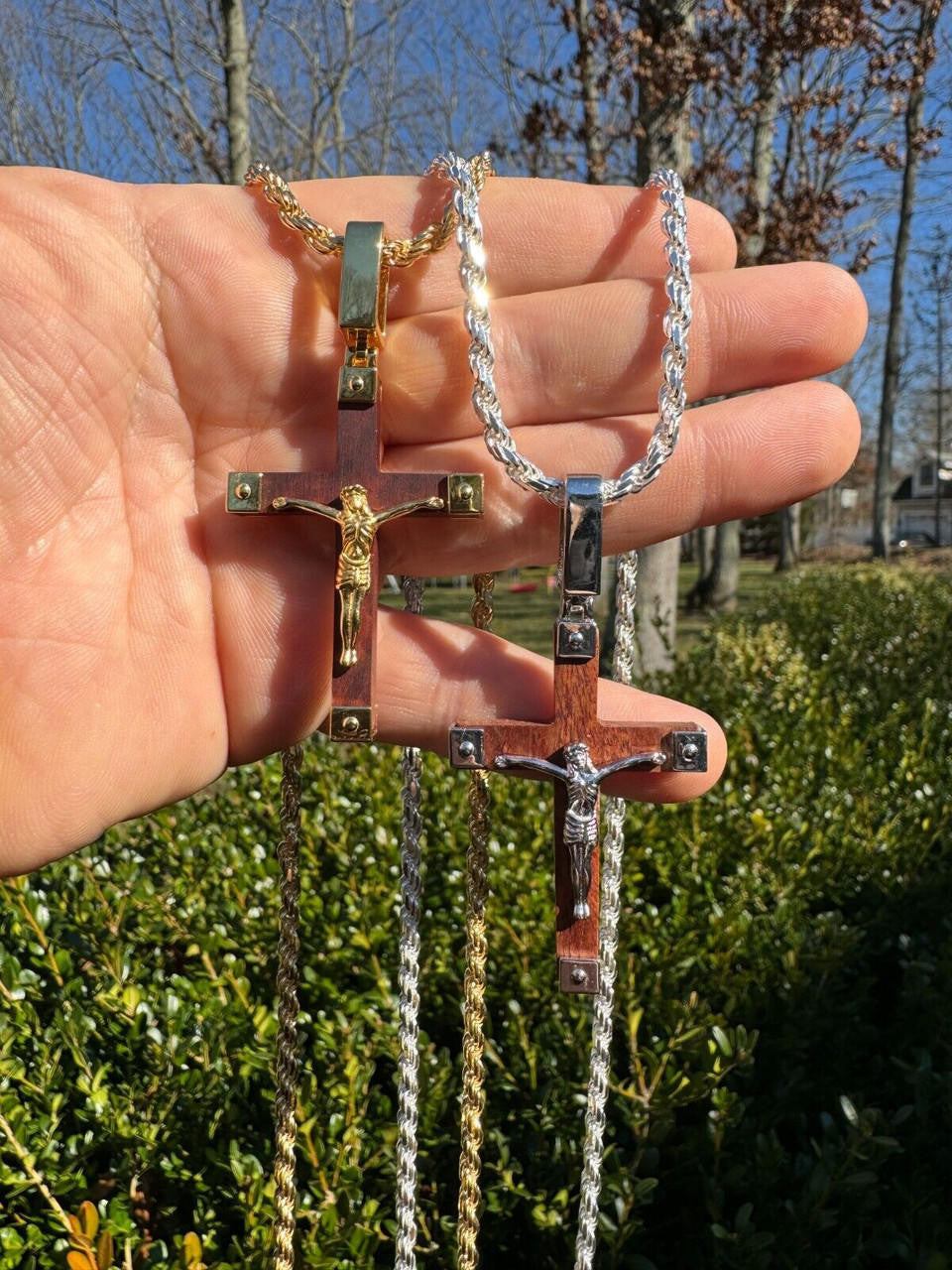 Natural Wood Plain Jesus Cross Pendant | 14k Gold Vermeil Or 925 Silver