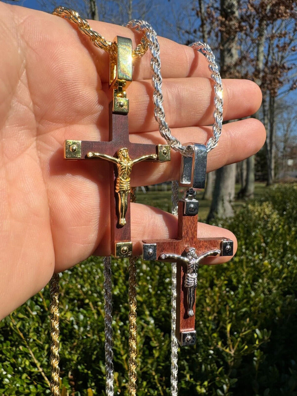 Natural Wood Plain Jesus Cross Pendant | 14k Gold Vermeil Or 925 Silver