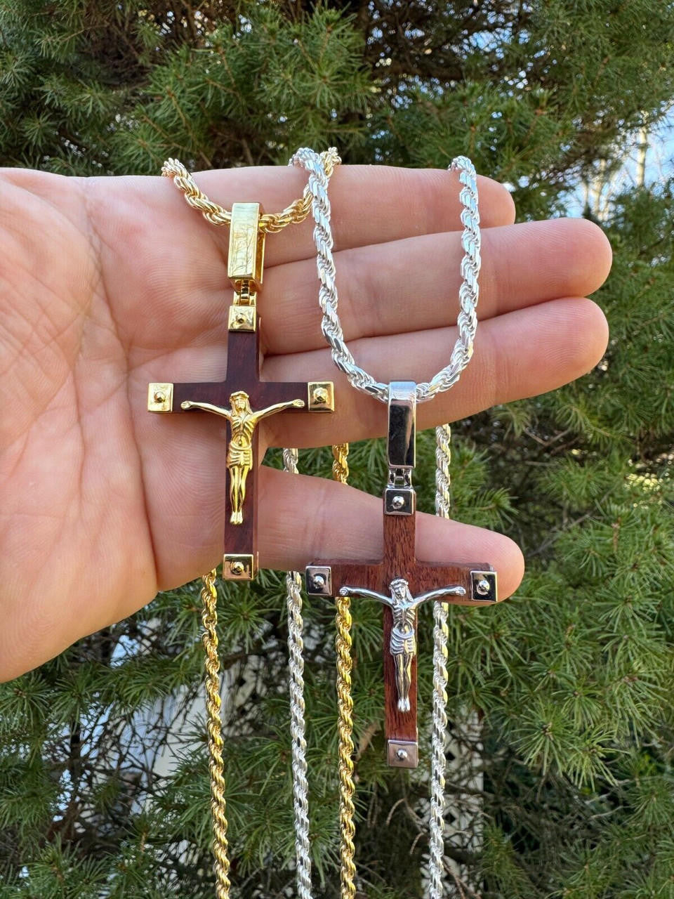 Natural Wood Plain Jesus Cross Pendant | 14k Gold Vermeil Or 925 Silver