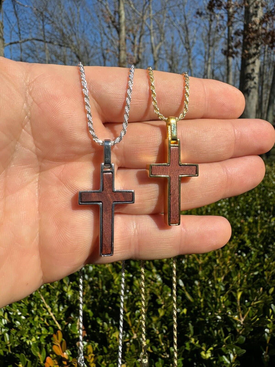 Wood Inlay Plain Religious Cross Pendant | 14k Gold Vermeil Or 925 Silver