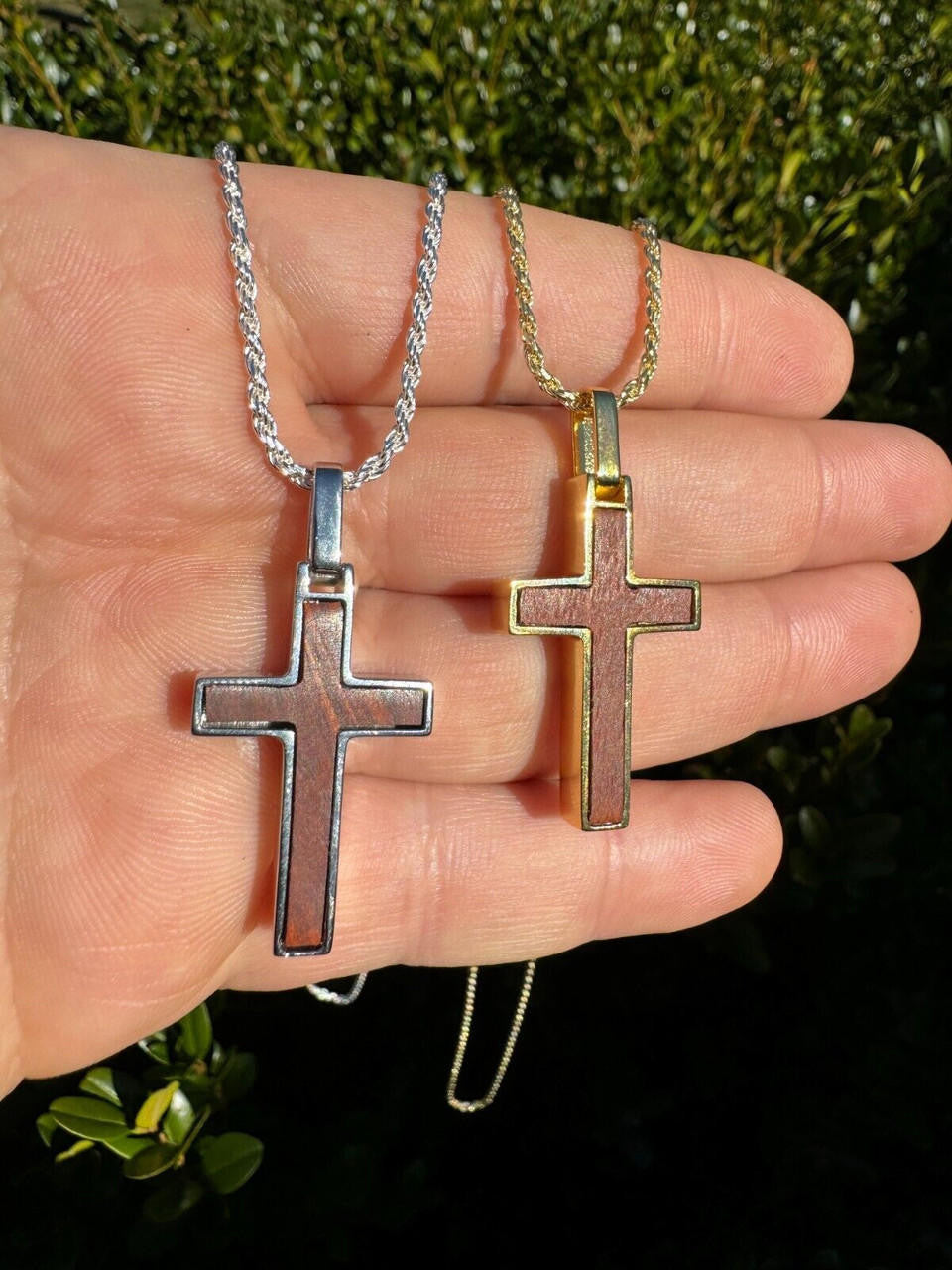 Wood Inlay Plain Religious Cross Pendant | 14k Gold Vermeil Or 925 Silver