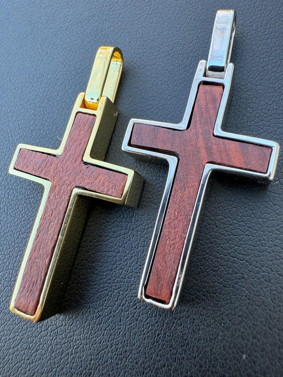 Wood Inlay Plain Religious Cross Pendant | 14k Gold Vermeil Or 925 Silver
