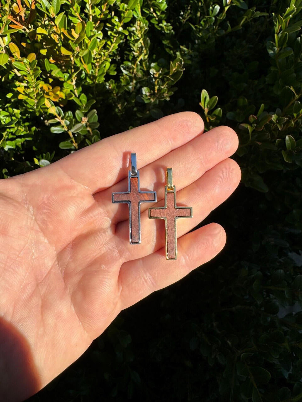 Wood Inlay Plain Religious Cross Pendant | 14k Gold Vermeil Or 925 Silver