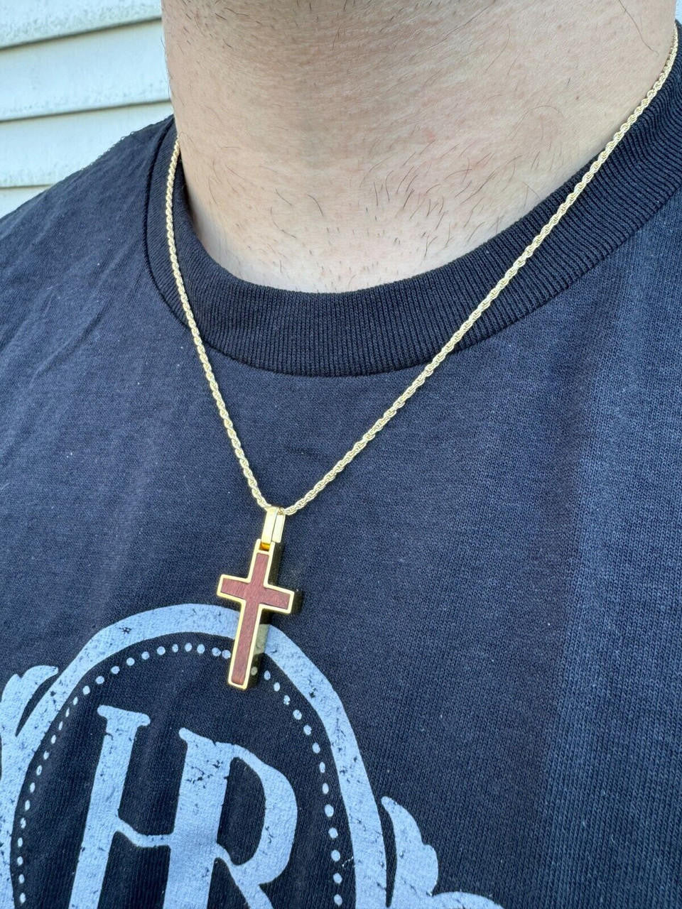 Wood Inlay Plain Religious Cross Pendant | 14k Gold Vermeil Or 925 Silver