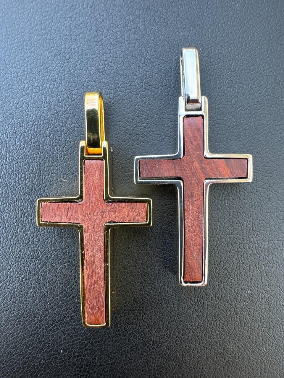 Wood Inlay Plain Religious Cross Pendant | 14k Gold Vermeil Or 925 Silver