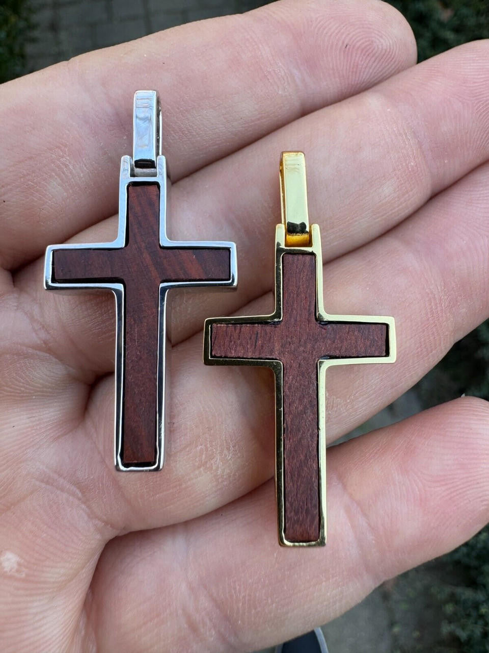 Wood Inlay Plain Religious Cross Pendant | 14k Gold Vermeil Or 925 Silver