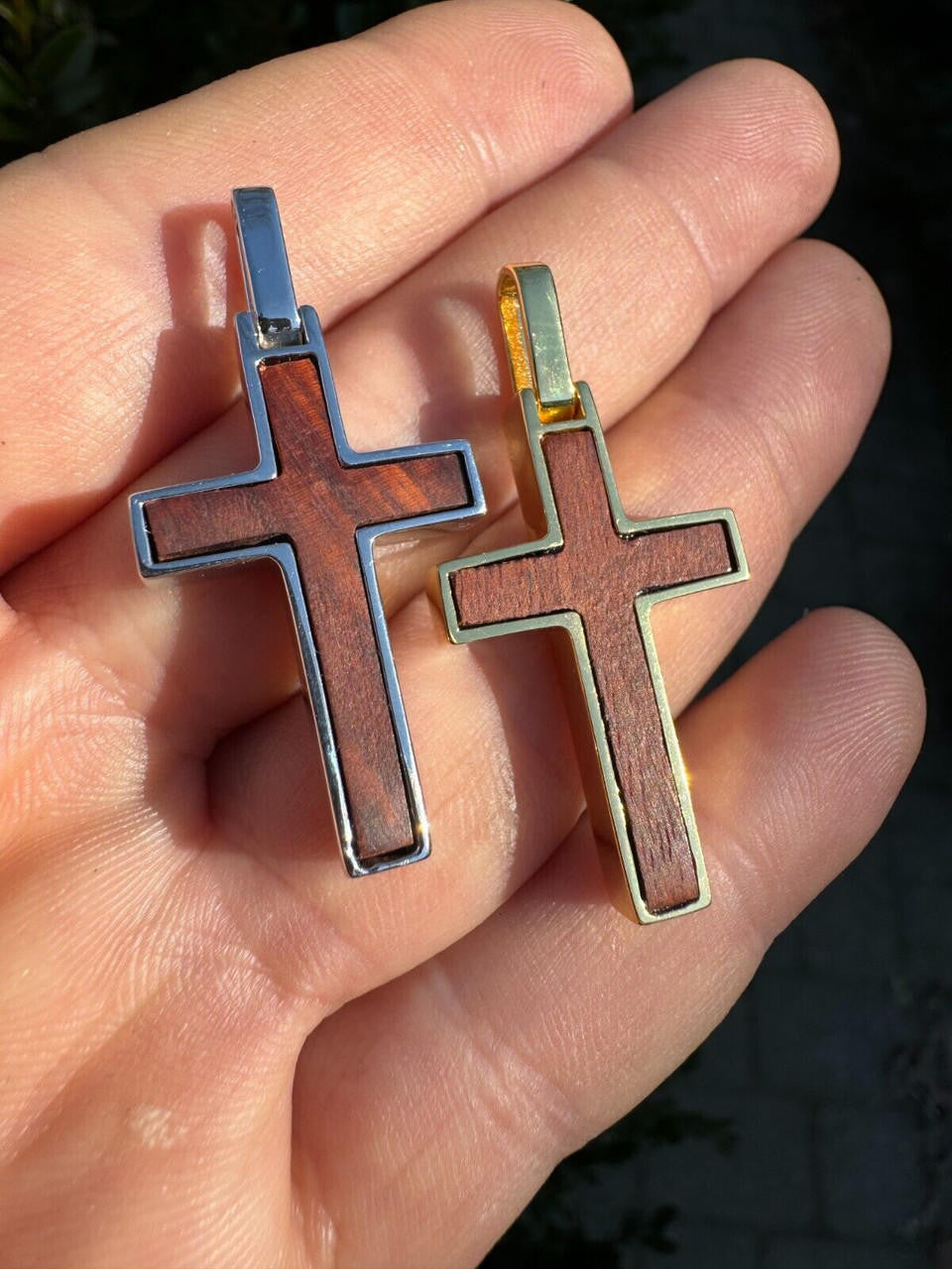 Wood Inlay Plain Religious Cross Pendant | 14k Gold Vermeil Or 925 Silver